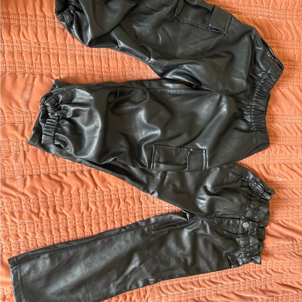 Girls Black Faux Leather Joggers and Straight Leg Pants